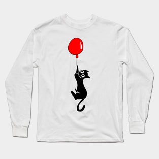 Black Cat Hanging on Red Balloon Long Sleeve T-Shirt